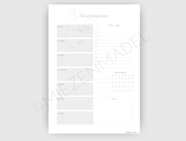 Der Wochenplaner ist undatiert, sodass du ihn auf ewig verwenden kannst. Er enthält Platz für eine ausführliche To-Do Liste, die dir bei der Organisation der Woche helfen soll.